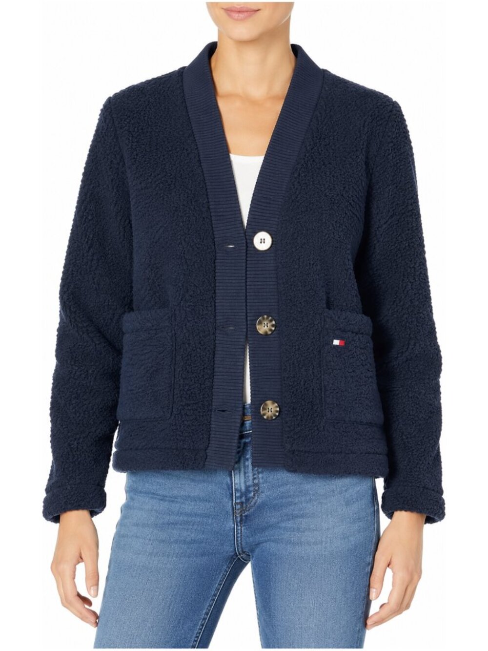 Tommy Hilfiger Navy Blue Sherpa Teddy Fleece Cardigan Size L